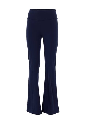 Pantaloni svasati blu navy realizzati in materiale elastico. Presentano una vita alta e spacchi laterali all'orlo per un maggiore movimento.