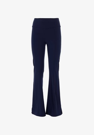 Pantaloni svasati blu navy realizzati in materiale elastico. Presentano una vita alta e spacchi laterali all'orlo per un maggiore movimento.