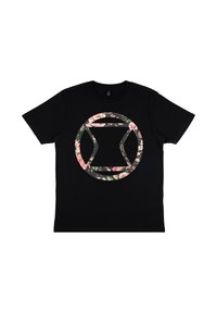 Czarny bawełniany t-shirt z floralnym wzorem w okrągłym logo na środku. Klasyczny dekolt typu crew neck oraz krótkie rękawy.