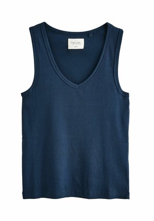 Navyblaues, geripptes Tanktop mit V-Ausschnitt, das eine weiche Textur und ein ärmelloses Design aufweist, ideal zum Schichten oder für warmes Wetter.