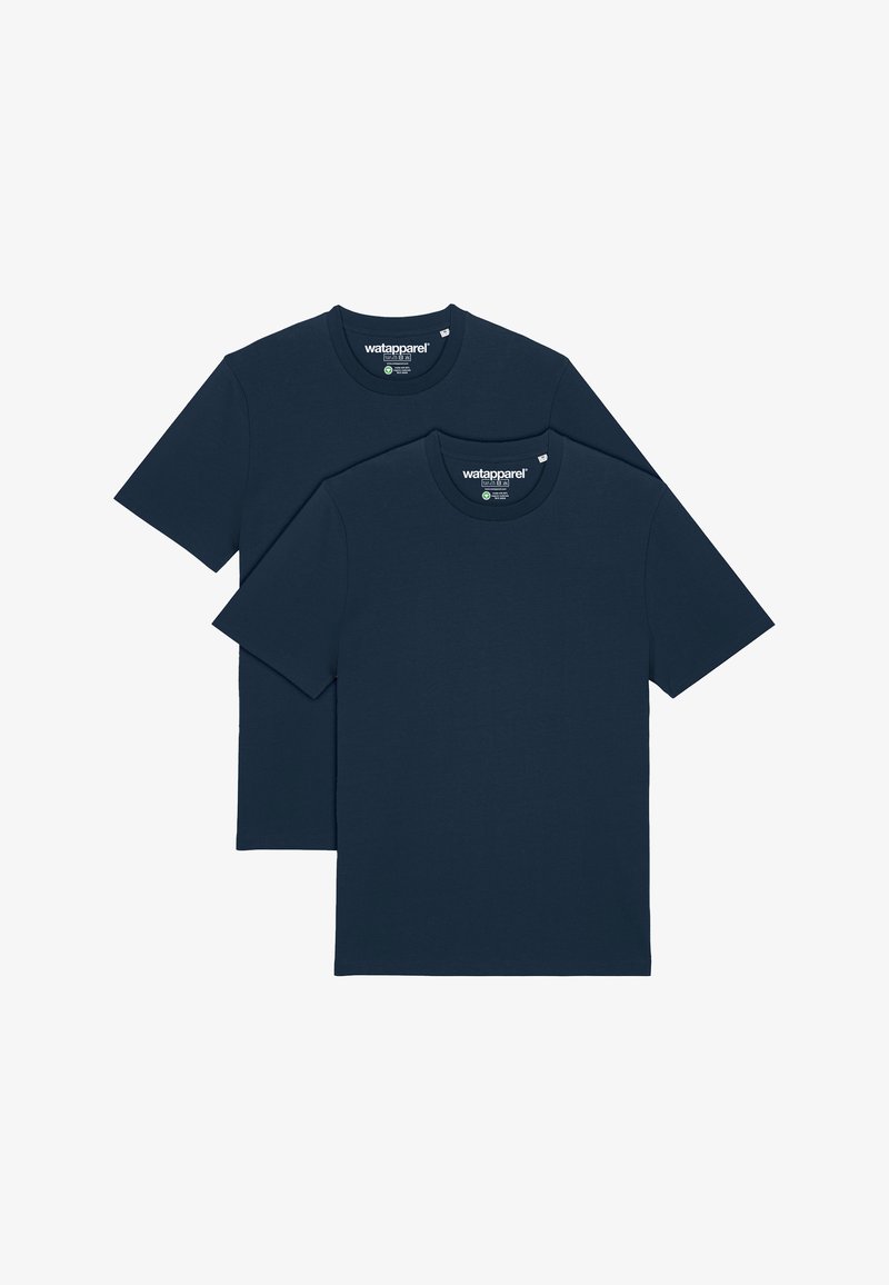Navy blue cotton t-shirts with short sleeves and round necklines, featuring a smooth texture and a label with branding details.