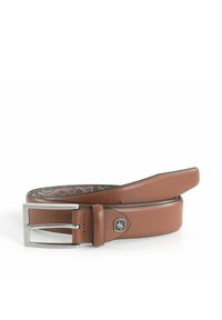 Brown leather belt featuring a silver metal buckle, smooth texture, and a patterned lining. Details include a logo on the buckle.