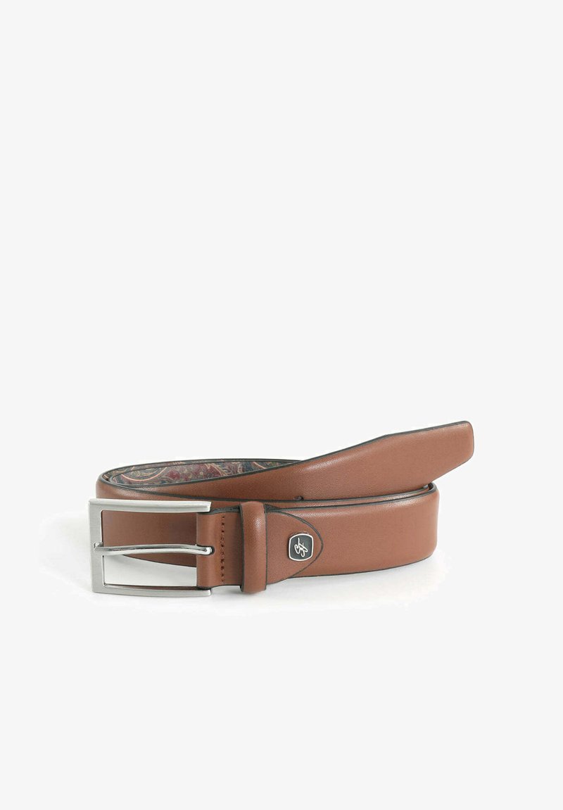 Brown leather belt featuring a silver metal buckle, smooth texture, and a patterned lining. Details include a logo on the buckle.
