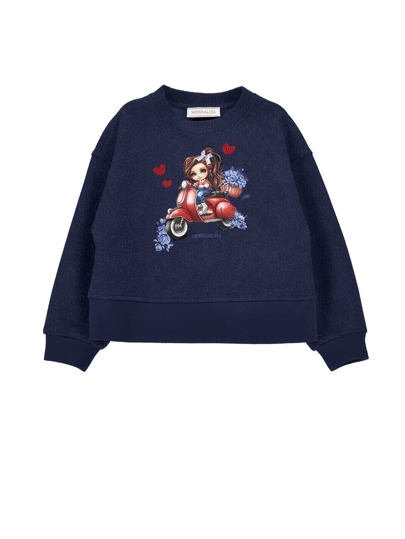 Granatowy sweatshirt z prążkowanymi mankietami i dołem, z kolorową grafiką dziewczynki na czerwonym skuterze otoczonej kwiatami i sercami.