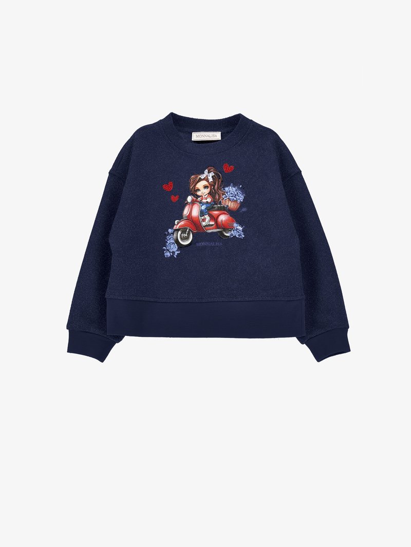 Felpa blu navy con polsini e fondo a costine, caratterizzata da una grafica colorata di una ragazza su uno scooter rosso circondata da fiori e cuori.