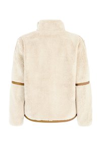 Fleece jakna u krem boji s visokim ovratnikom, s smeškastim naglascima na rukavima i rubu. Mekana tekstura i opušten kroj.