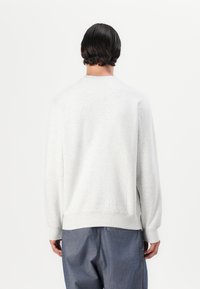 Lys grå sweeterskjorte med lange ærmer, ribbede elastikker og kant. Blødt stof med en afslappet pasform. Bæres over blå jeans i en minimalistisk indstilling.