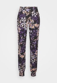 Zwarte bloemenbroek met een paars, witte en oranje patroon, elastische tailleband en gathering bij de enkels. Zachte, rekbare stof.