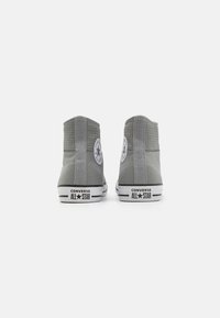 Gray canvas high-top sneakers with textured finish, white rubber soles, and black accents featuring the Converse All Star logo on the side.