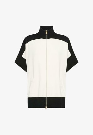 Giacca con zip e maniche corte, collo alto, a blocchi di colore in nero e bianco, con tasche frontali e orlo e collo a costine.