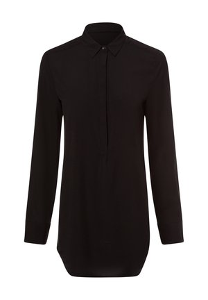 Camicia nera a maniche lunghe con colletto, chiusura frontale a bottoni e orlo curvo. Tessuto morbido e liscio senza motivi visibili.