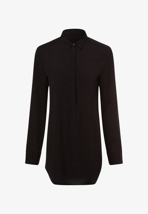Black long-sleeve shirt with a collared neck, front button closure, and curved hem. Smooth fabric texture with no visible patterns.