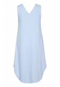 Helles blaues ärmelloses Kleid mit V-Ausschnitt, lockerer Passform, seitlichen Taschen und abgerundetem Saum. Hergestellt aus einem weichen, leichten Stoff.
