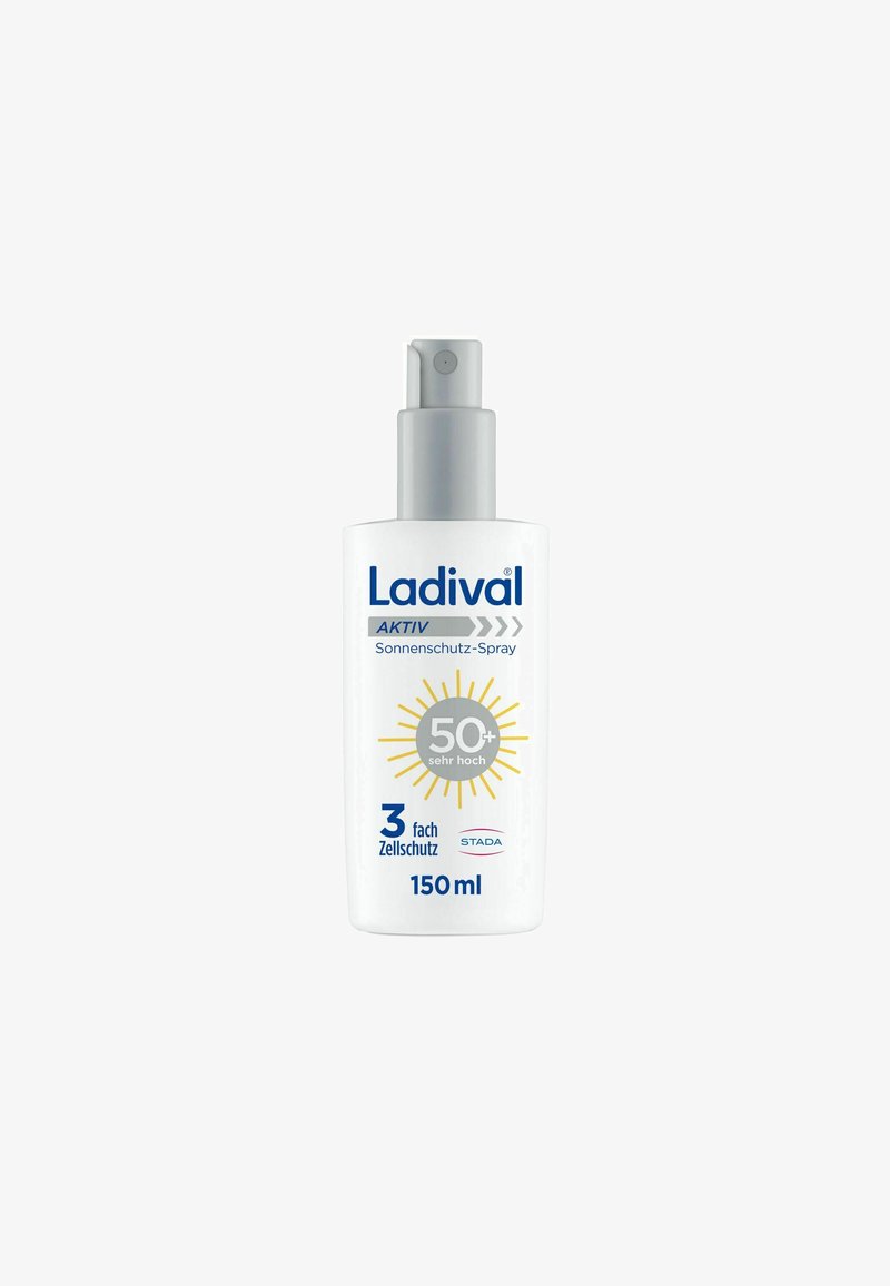 Ladival Aktiv Sonnenschutzspray LSF 50+ mit 3-fachem Zellschutz, weiße Flasche mit grauem Sprühdeckel, 150 ml.