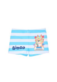 Pantaloni da bagno blu chiaro con strisce bianche, con un cane dei cartoni animati che sorseggia una bevanda e la parola "Bingo" in lettere spesse e giocose.
