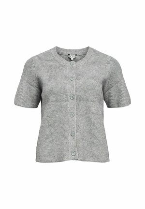 Grå ribbad kavaj med korta ärmar, med rund halsringning och sex knäppningar fram. Mjuk stickad struktur.