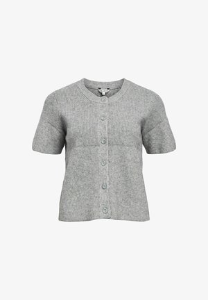 Grå ribbet cardigan med korte ærmer, med en rund halsudskæring og seks knaplukninger foran. Blød strikstruktur.