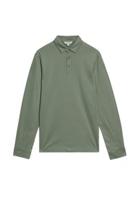 Polo tričko s dlouhým rukávem v tlumené zelené barvě, vyrobené z měkkého materiálu. Má klasický límeček, zapínání na tři knoflíky a žebrované manžety.