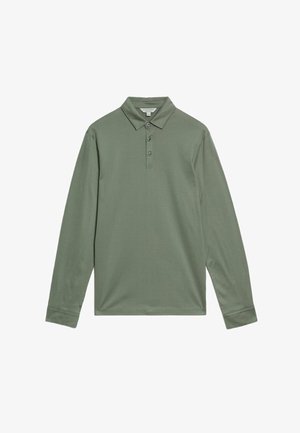 Koszulka polo z długim rękawem w stonowanym zielonym kolorze, wykonana z miękkiego materiału. Posiada klasyczny kołnierzyk, zapięcie na trzy guziki oraz ściągacze przy mankietach.