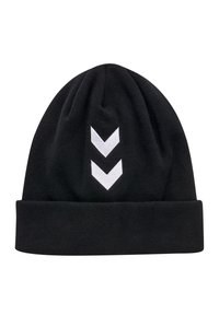 Zwarte gebreide beanie met een omgevouwen rand, voorzien van een witte geborduurde chevronpatroon aan de voorkant. Zachte textuur met een strakke pasvorm.