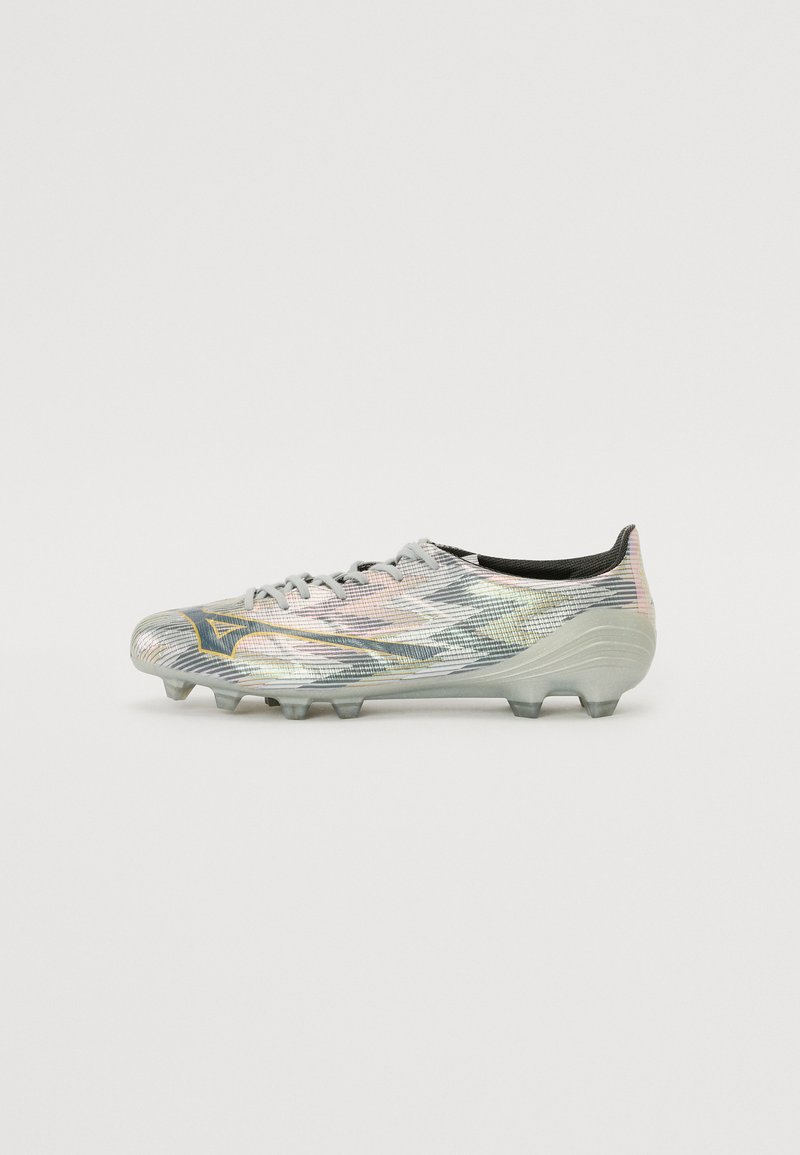 Sport cleat in iridescent silver and gray, with a textured upper, contrasting black interior, and molded rubber studs for traction.