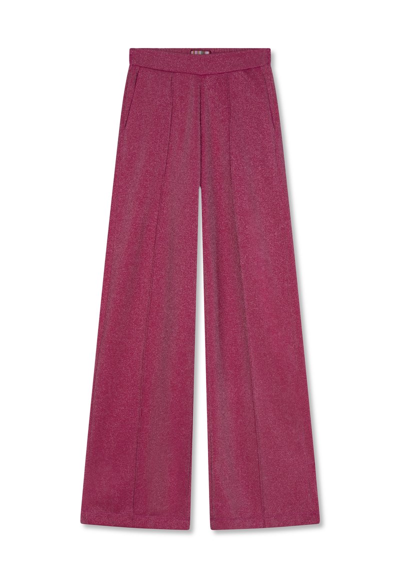 Wijdvallende broek in een magenta stof, met een gestructureerd oppervlak, geplooide voorkant en een elastische tailleband voor een verstelbare pasvorm.