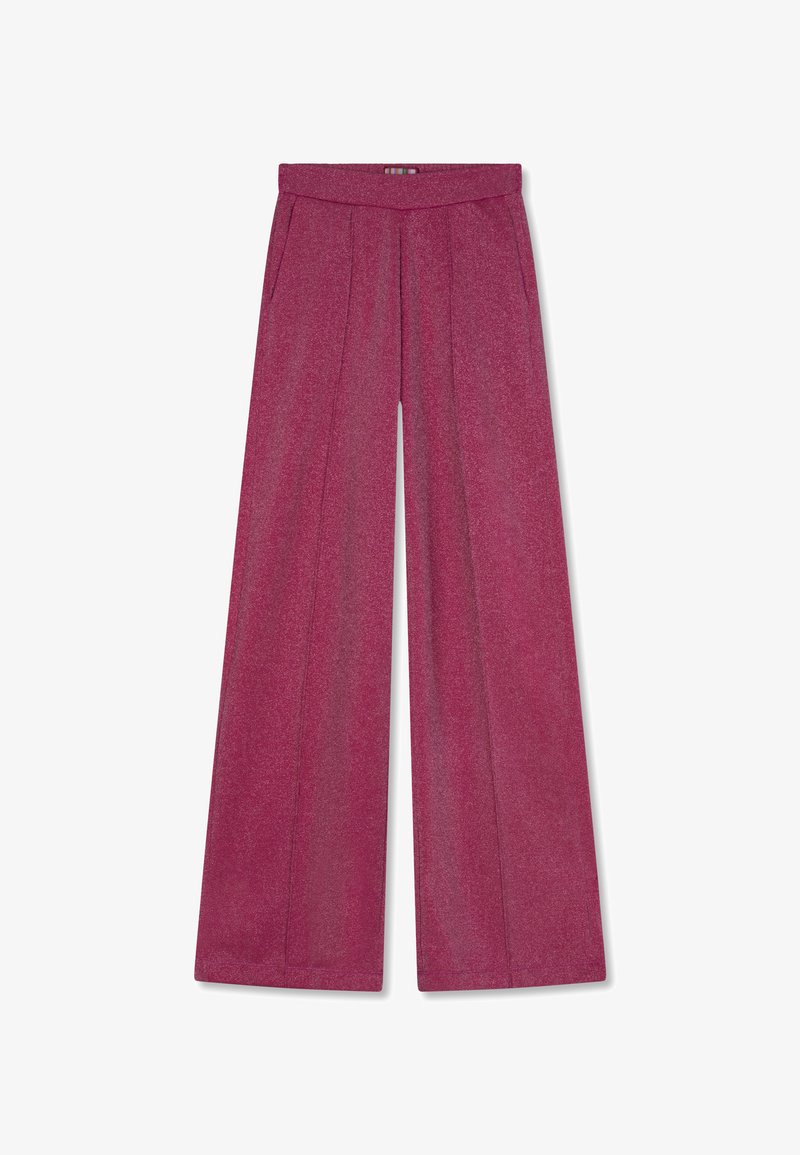 Wijdvallende broek in een magenta stof, met een gestructureerd oppervlak, geplooide voorkant en een elastische tailleband voor een verstelbare pasvorm.
