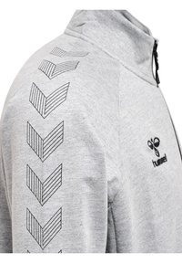 Grå zip-up sweatshirt med sorte chevron-mønstre på venstre ærme og et lille logo på brystet. Glat stoftekstur.