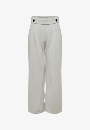 Bež hlače širokih nogavica s visokim strukom, s gumbima na petljama za remen i naborima sprijeda, dizajnirane za opušten i udoban kroj.