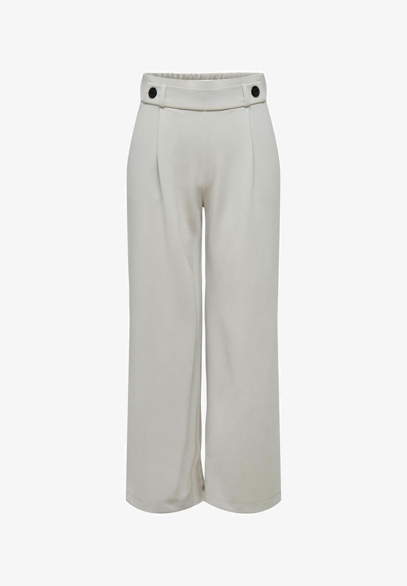 Beige broek met hoge taille en wijde pijpen, voorzien van knoopsgaten voor de riem en plooien aan de voorkant, ontworpen voor een losse en comfortabele pasvorm.