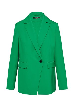 Grüner Blazer aus glattem Stoff, mit Reverskragen, einem einzelnen schwarzen Knopf, zwei vorderen Taschen und einer taillierten Passform.