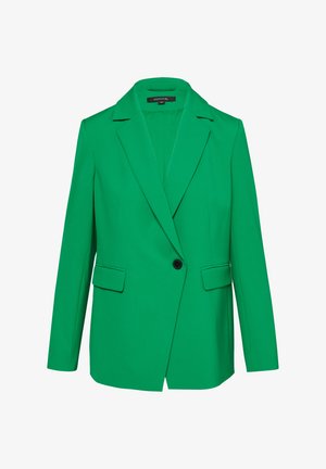 Groene blazer van gladde stof, met een notch-lapel, één zwarte knoop, twee voorzakken en een getailleerde pasvorm.