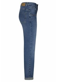 Slim-fit spijkerbroek in donkerblauw met een vervaagde afwerking. Bevat vijf zakken en een opgerolde zoom aan de onderkant. Gemaakt van zachte, rekbare stof.