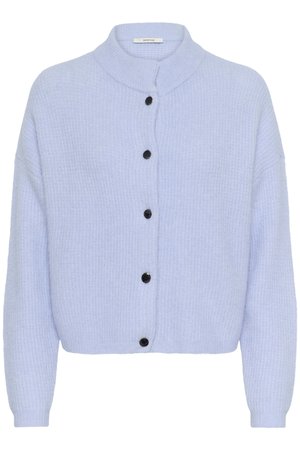 Light blue cardigan made of textured knit fabric, featuring a stand collar, long sleeves, and black buttons down the front.