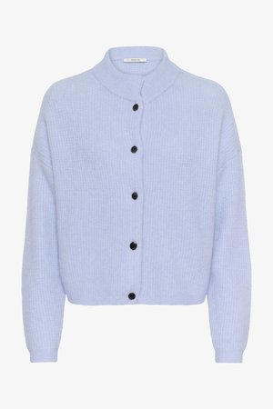 Light blue cardigan made of textured knit fabric, featuring a stand collar, long sleeves, and black buttons down the front.