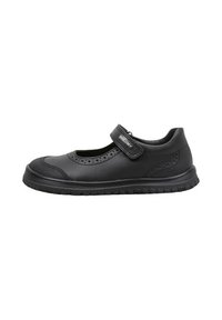 Zapatos Mary Jane para niños, en color negro, con correa ajustable, suela texturizada y detalles perforados en la parte superior de piel suave.