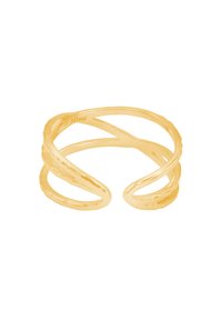 Goldfarbener Metallring mit einem gedrehten Design, der glatte und strukturierte Akzente aufweist, in der Mitte offen für eine verstellbare Passform.