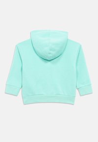 Mätovo zelená krátka mikina s kapucňou vyrobená z mäkkej tkaniny. Má podšitú kapucňu, rebrované manžety a spodný lem. Hladká textúra bez viditeľných vzorov či kovových prvkov.