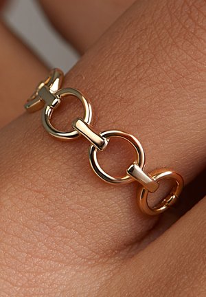 Bague en chaîne dorée avec des maillons ronds et rectangulaires alternés, texture lisse et finition polie sur un doigt.