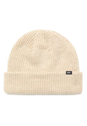 Gorro de lana en beige claro, con un dobladillo doblado y una textura sutil, que presenta una pequeña etiqueta negra de Vans.