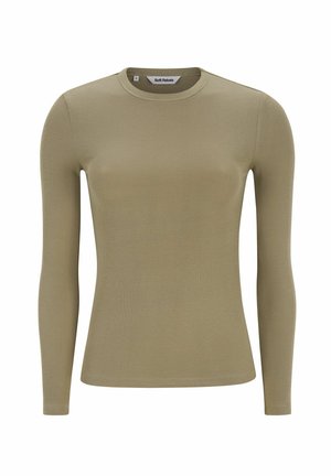 Dlhý rukáv tričko v olivovo zelenej rebrovanej tkanine, okrúhly výstrih, priliehavý strih, bezšvové plecia a hladká textura.