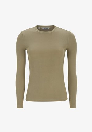 Dlouhý rukáv košile v olivově zelené ribované tkanině, kulatý výstřih, přiléhavý střih, bezšvové ramena a hladká textura.