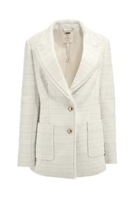 Blazer bianco con texture, colletto a scollatura, due tasche frontali e bottoni dorati. Il tessuto presenta un sottile motivo a righe per un tocco di dettaglio.
