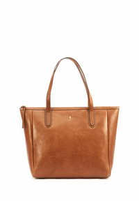 Brązowa skórzana torba na ramię z podwójnymi uchwytami, zamkiem błyskawicznym i subtelnym brandingiem. Gładka faktura i prostokątny kształt z minimalistycznym designem.