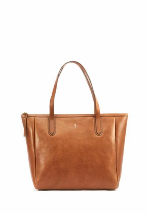 Brązowa skórzana torba na ramię z podwójnymi uchwytami, zamkiem błyskawicznym i subtelnym brandingiem. Gładka faktura i prostokątny kształt z minimalistycznym designem.