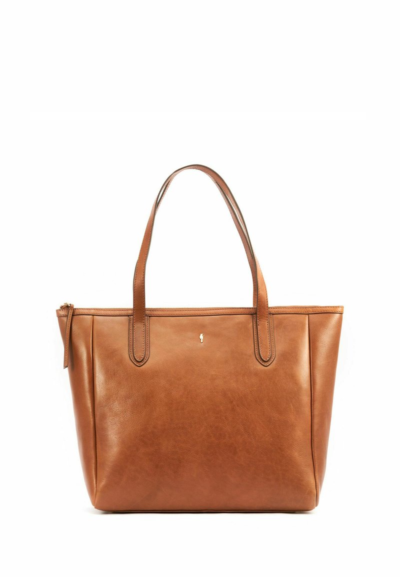 Brązowa skórzana torba na ramię z podwójnymi uchwytami, zamkiem błyskawicznym i subtelnym brandingiem. Gładka faktura i prostokątny kształt z minimalistycznym designem.