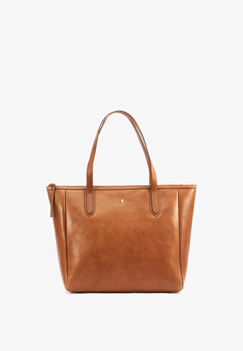 Brązowa skórzana torba na ramię z podwójnymi uchwytami, zamkiem błyskawicznym i subtelnym brandingiem. Gładka faktura i prostokątny kształt z minimalistycznym designem.