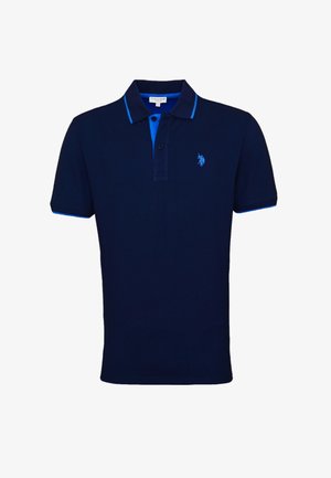 Polo navy con acentos en azul claro, cuello clásico, mangas cortas y un pequeño logotipo bordado en el lado izquierdo del pecho. Textura de tela suave.