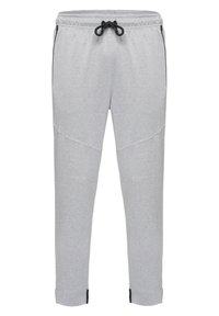 Lys grå sweatpants med snoretræk i taljen, sidelommer og sorte detaljer ved anklerne; lavet af blødt, tekstureret stof.