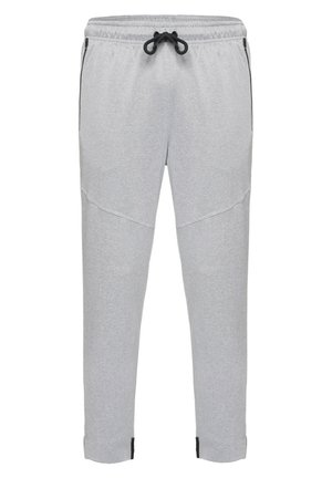 Hellgraue Sweatpants mit einem Kordelzugbund, seitlichen Taschen und schwarzen Akzenten an den Knöcheln; aus weichem, strukturiertem Stoff.